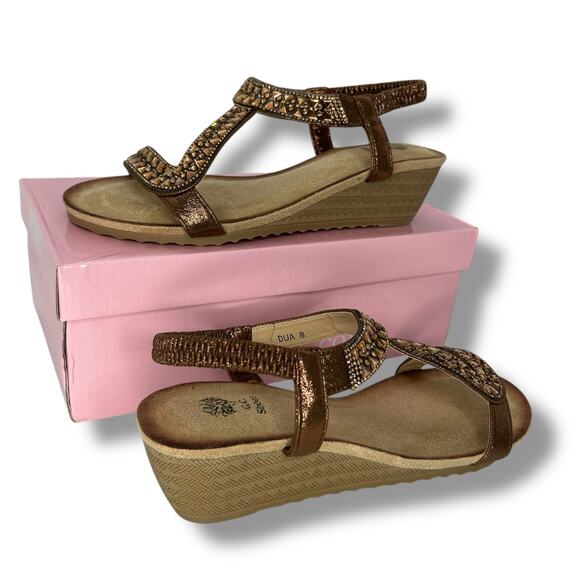 NEW GC Shoes Sandals Size 8 Brown rhinestone Embellished Low Wedge Strappy Boho - Picture 7 of 13